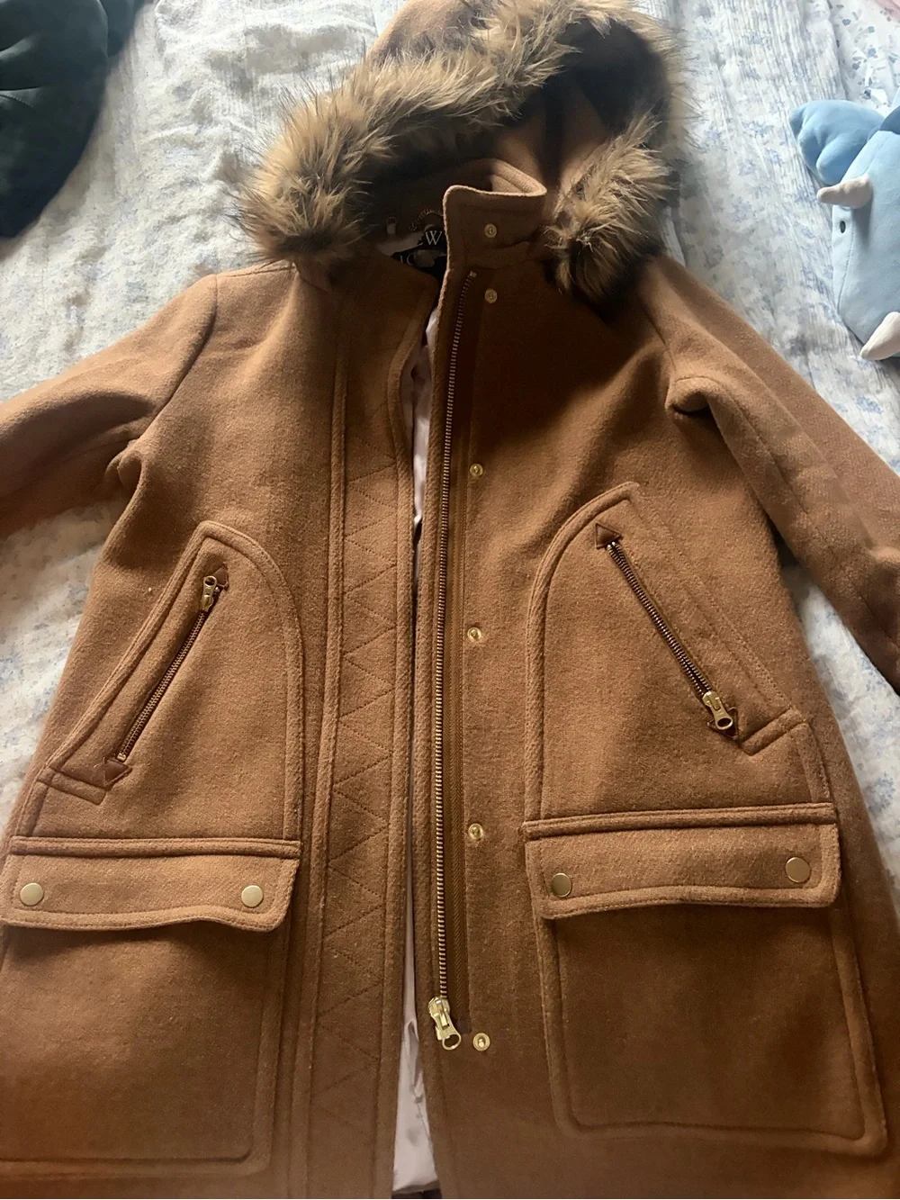J. Crew Camel Wool-Blend Hooded Pea Coat with Faux-Fur Trim